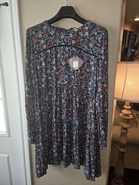 Knox Rose Navy Floral Long-Sleeve Tiered Mini Dress with Rose Accents
